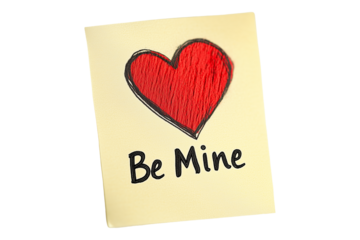 Hand drawn red heart sketch with Be Mine text below placed on a yellow textured paper isolated on white transparent background. Concept of love and affection