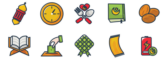 Colorful Ramadan Elements Set Icons Collection With Filled Line Art Style