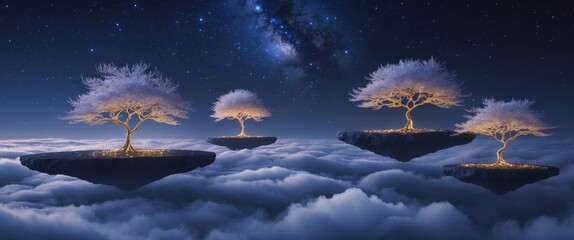 Floating islands with glowing trees in a starry night sky