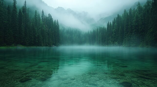 Misty lake reflects misty forest and mountains.
