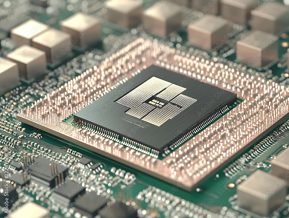 Poster closeup of a modern microprocessor installed on a circuit board. highdetail rendering showcases intr