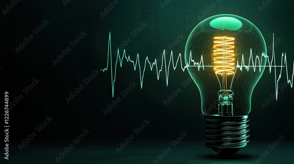 Poster illuminated lightbulb with heartbeat graph in green background