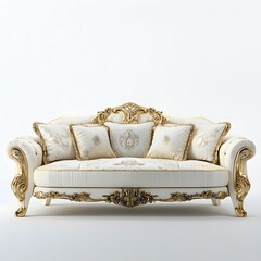 A luxurious white and golden sofa with intricate detailing, placed on a pristine white background, exuding opulence and sophistication