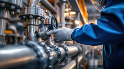 Fototapeta premium A close-up of a refinery worker in protective clothing inspecting pipelines and valves in an oil refinery plant, with industrial equipment and pipelines in the background, Oil refinery scene