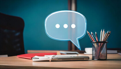 Modern office workspace with a glowing speech bubble graphic hovering above a laptop and notepad.  Perfect for illustrating communication, ideas, messaging, or online collaboration concepts.