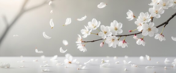 Fresh white cherry blossoms with scattered petals.