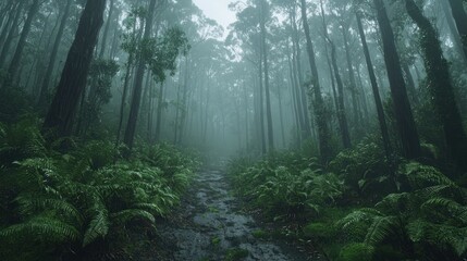 Obraz premium Misty rainforest path with ferns and tall trees.