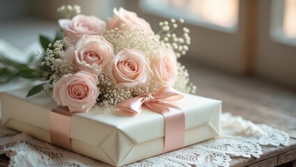 Gift box with flowers celebratory setup home.