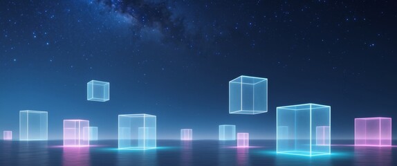 Naklejka premium Glowing futuristic landscape with floating cubes and a starry sky