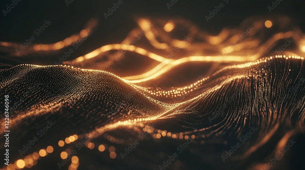 Aufkleber abstract golden flowing particle wave on a dark background in soft light