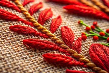 Embroidery Canvas, Red Threads Closeup, Conceptual Photography
