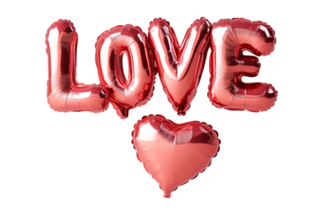 Shiny red foil balloon letters forming the word LOVE isolated on white transparent background. Romantic celebration and Valentine's Day concept