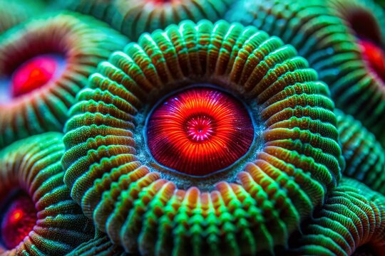 Emerald Green Red Eye Favia Brain Coral Macro Photography, Favia spp. Closeup