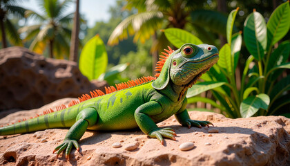Fototapeta premium Iguana sunbathing on rocky surface in tropical setting, nature's beauty