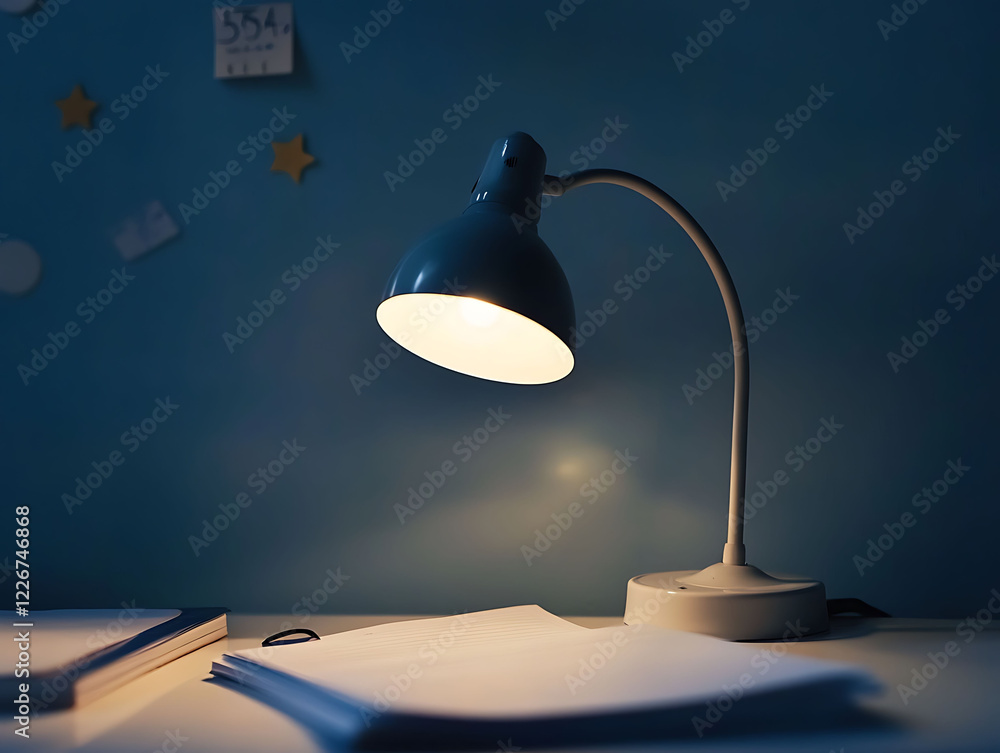 Poster cozy desk scene with a lit desk lamp casting a warm glow on open notebooks. perfect for themes of st