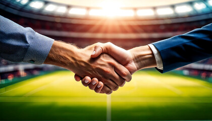 Dynamic handshake against a blurred stadium backdrop.  Perfect for illustrating partnership, agreement, or success in sports, business, or sponsorship.