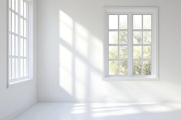 Fototapeta premium Sunlight streams into empty white room, showcasing windows and potential for interior design