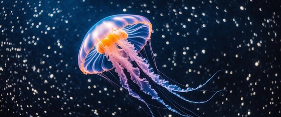 Fototapeta premium Luminescent jellyfish floating in the starry space with vibrant tentacles