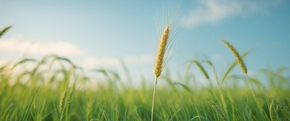 Lush Green Grass with Wheat Spike in Vibrant Natural Setting.