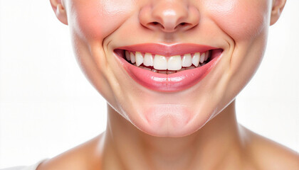 Obraz premium Smiling woman showing perfect white teeth against white backdrop, dental health