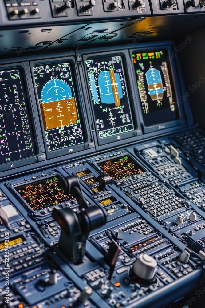 Poster a close-up view of an airplane's control panel, featuring various instruments and controls