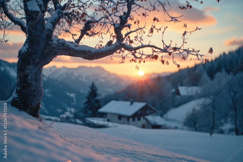 Poster a tree stands alone in a snowy landscape as the sun sets in the background