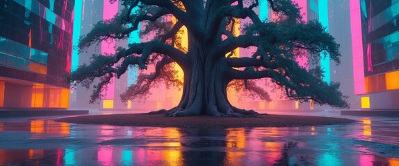 Massive tree integrated into a futuristic cityscape with glowing buildings.