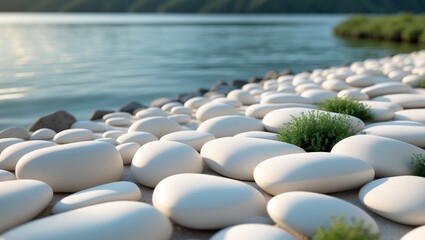 Obraz premium Modern landscaping features smooth white stones along a waterfront