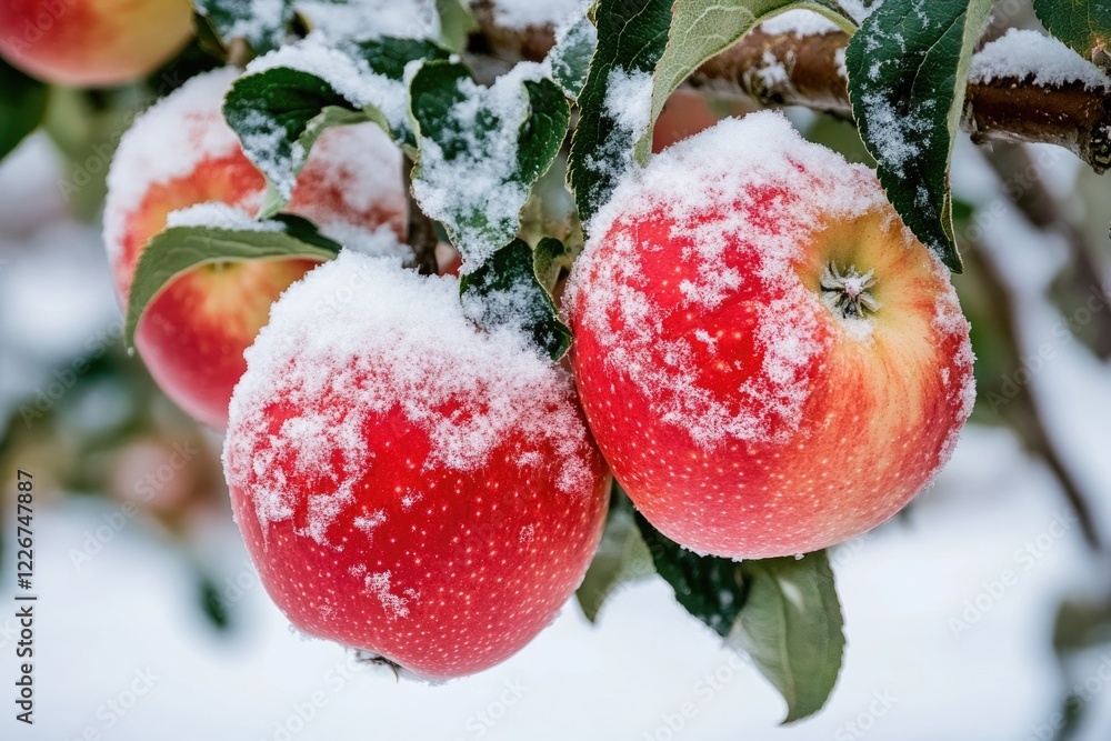 Poster a bunch of red apples hanging from a tree covered in snow