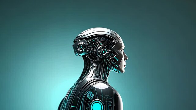 Futuristic Humanoid Robot with Metallic Body, Cybernetic Enhancements, and Glowing Elements in a Sci-Fi Concept

