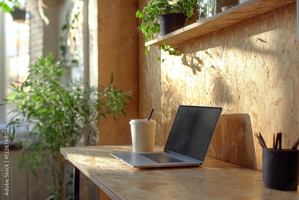 Poster a laptop computer sits on top of a wooden desk, ideal for working or studying