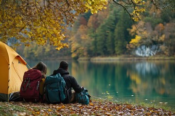 A couple sits together beside a colorful tent in an outdoor setting