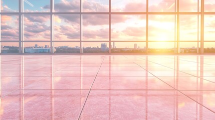 Fototapeta premium Sunset Cityscape Viewed Through Large Office Windows