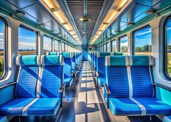 Empty Regional Train Corridor, Blue Seats, Daylight