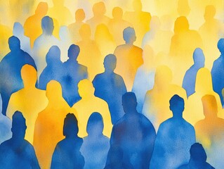 A painting of a crowd of people with blue and yellow colors. The painting conveys a sense of energy and excitement