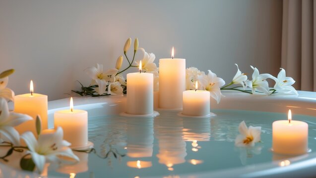 Relaxing bath tub with candles and flowers for home spa experience.