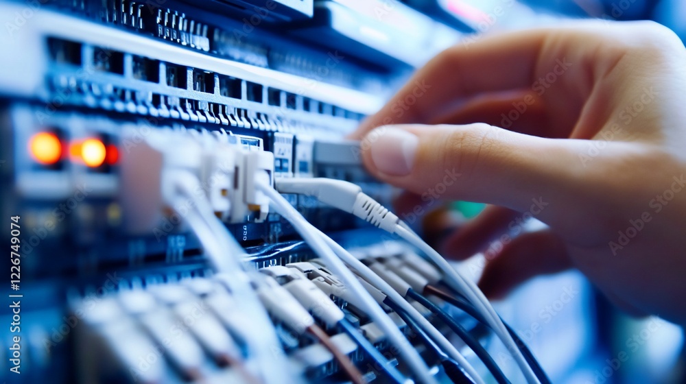 Poster hand plugging ethernet cable into server network switch data center or room