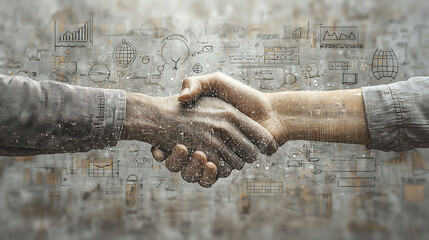 A powerful image depicting a handshake overlaid with abstract network and business graphics.  Ideal for illustrating collaboration, partnership, technology, innovation, and strategic alliances.