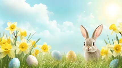 Fototapeta premium Easter background with green grass, easter eggs, a rabbit, and flowers