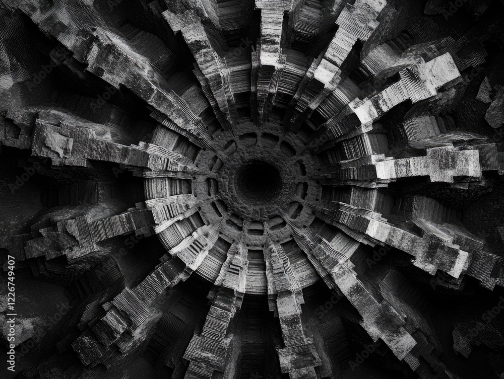 Poster a black and white photo of a building with a large hole in the middle. the photo has a moody and mys
