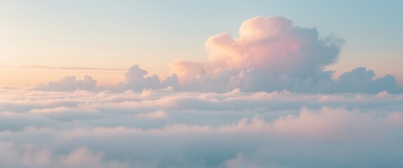 Serene Landscape with Sunrise in Pastel Colors and Misty Clouds Impressionism Style.