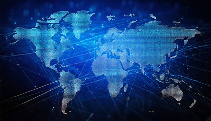 Stunning abstract world map visualization.  Pixelated continents connected by glowing lines, ideal for tech, global business, or networking concepts.