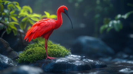A scarlet ibis stands gracefully on rocks near water, in a close-up, side view.