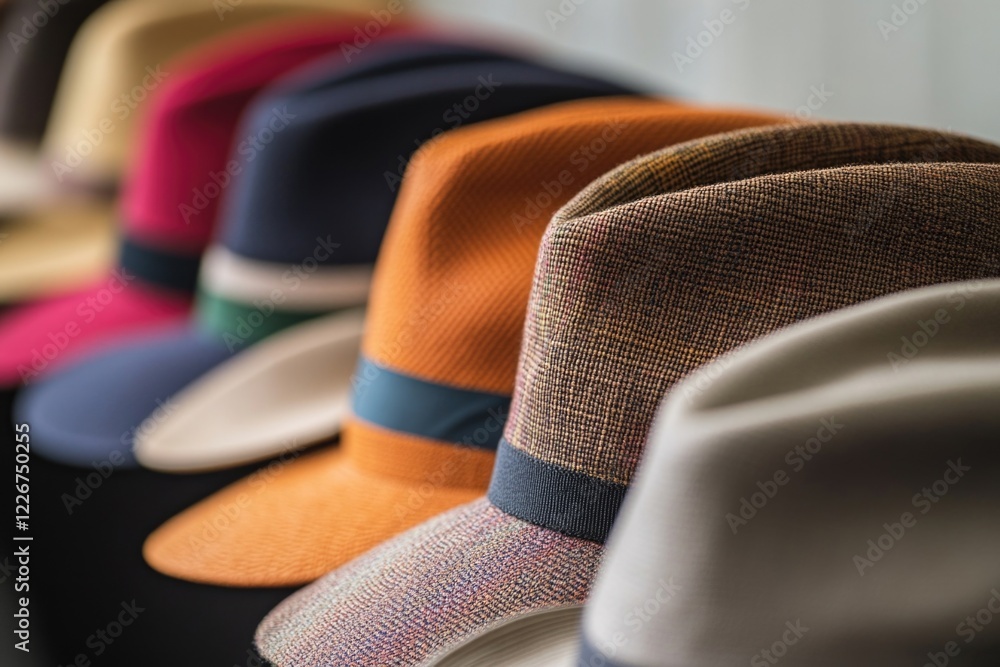 Poster A collection of hats sitting neatly on a table, perfect for use in editorial or commercial contexts where a visual representation of headgear is needed