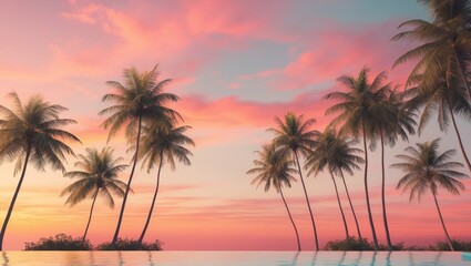Obraz premium Stunning tropical sunset over an infinity pool with vibrant pink and orange hues and palm trees.