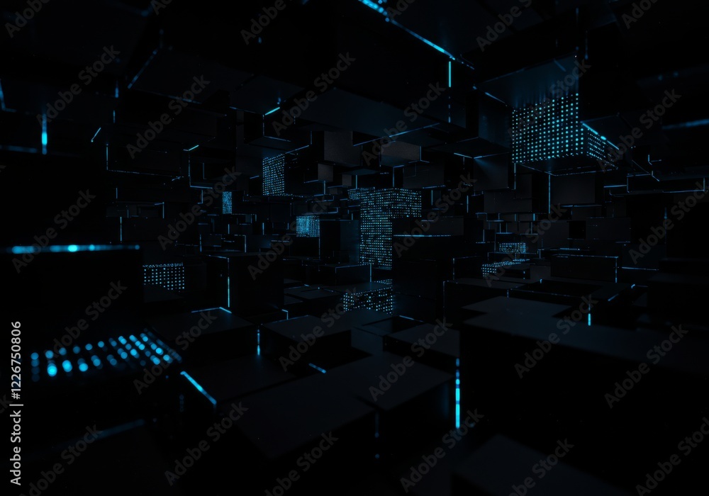 Aufkleber dark tech abstract with floating blocks, some solid, some glowing blue. modern, sleek, data-driven, 