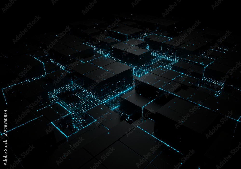 Poster dark tech abstract with floating blocks, some solid, some glowing blue. modern, sleek, data-driven, 