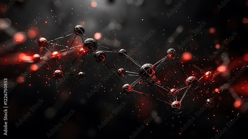 Poster abstract 3d rendering of interconnected molecules, glowing red accents on dark background. perfect f