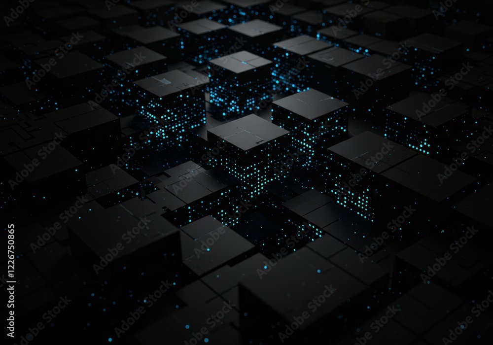 Aufkleber dark tech abstract with floating blocks, some solid, some glowing blue. modern, sleek, data-driven, 
