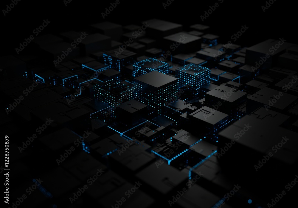 Aufkleber dark tech abstract with floating blocks, some solid, some glowing blue. modern, sleek, data-driven, 